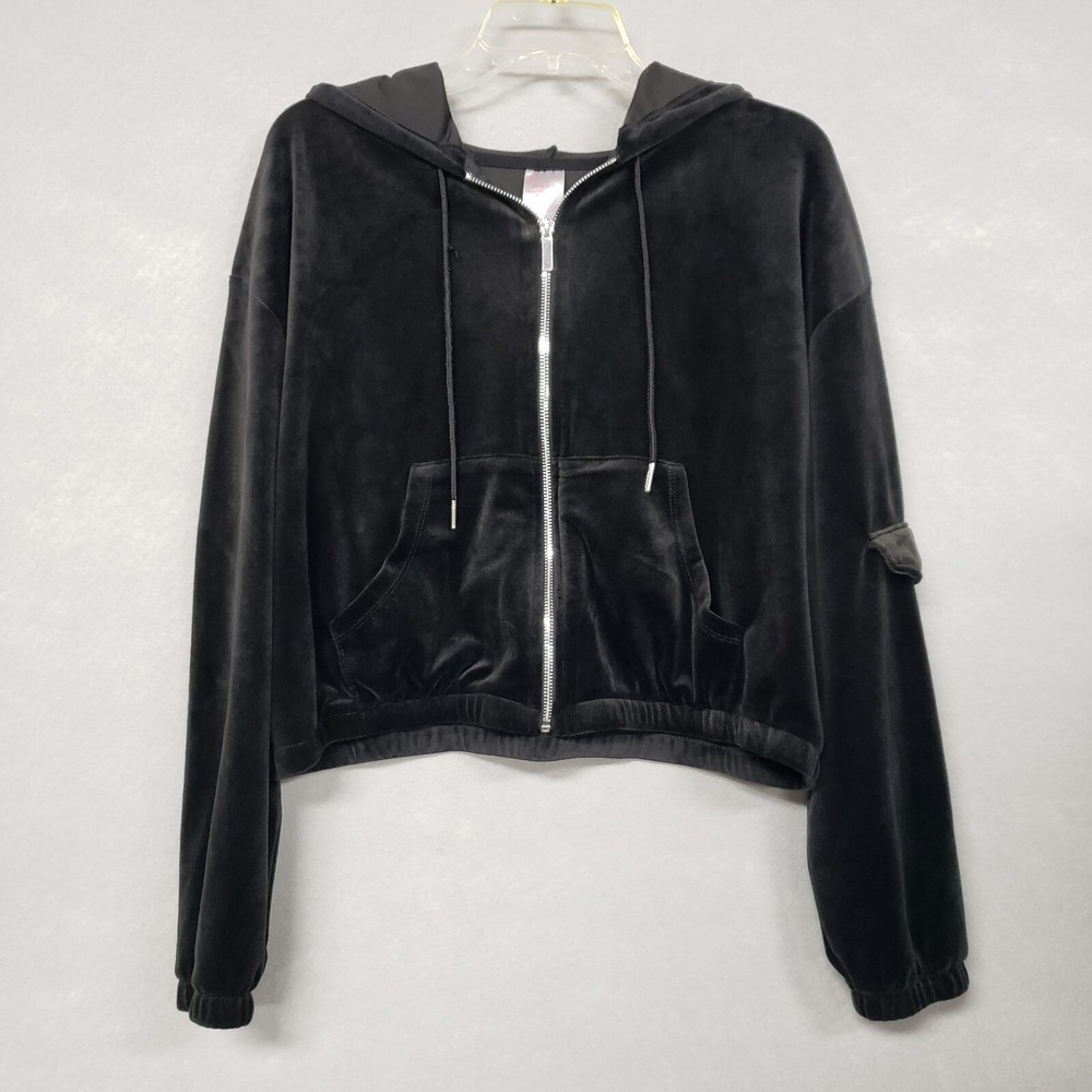 No Boundaries Women XXXL Hoodie Jacket Black Velour Full Zip Y2K Cropped Plush